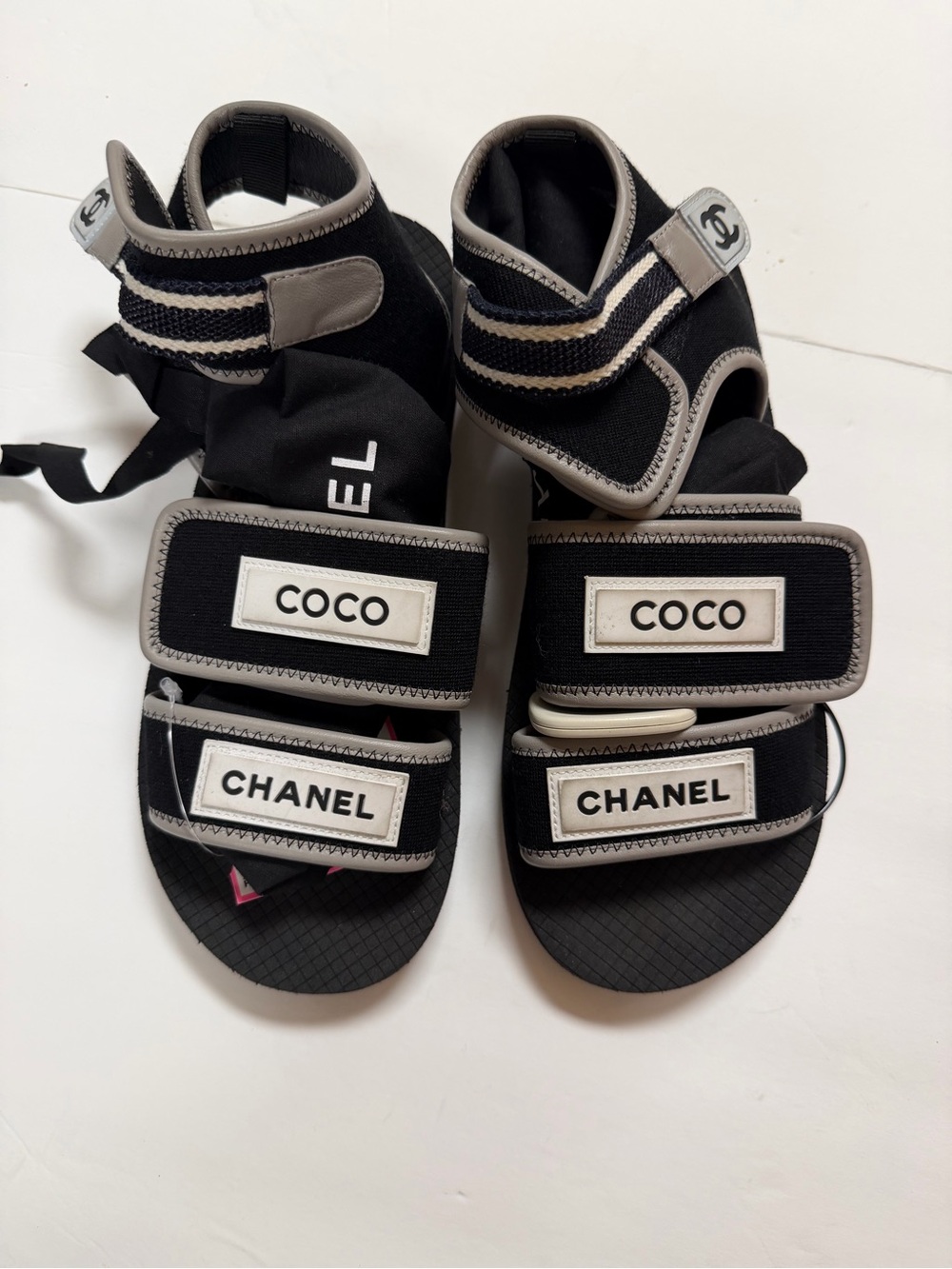 CHANEL Black and Gray  COCO Strap Sandals